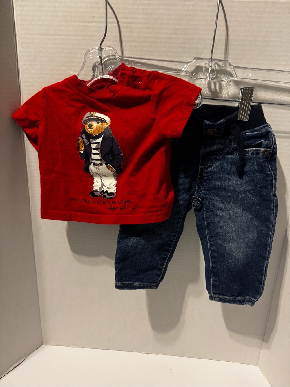 OUTFIT Ralph Lauren Red Polo Bear Tee with Gap Denim Joggers Size 0-3 Months